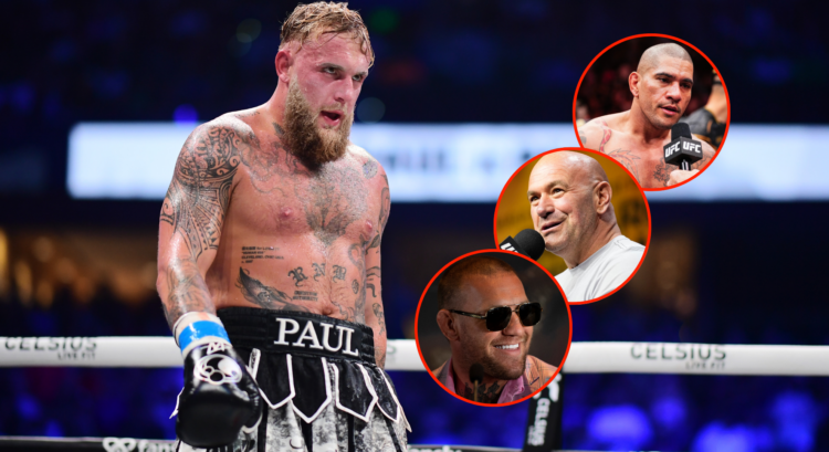 Jake Paul during his boxing fight with Mike Perry with pop out images of Alex Pereira, Dana White and Conor McGregor