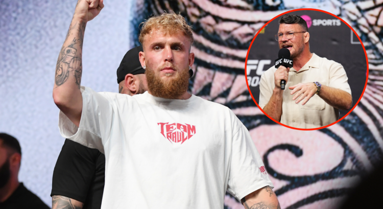 Jake Paul during his press conference with Mike Perry with a pop out image of Michael Bisping