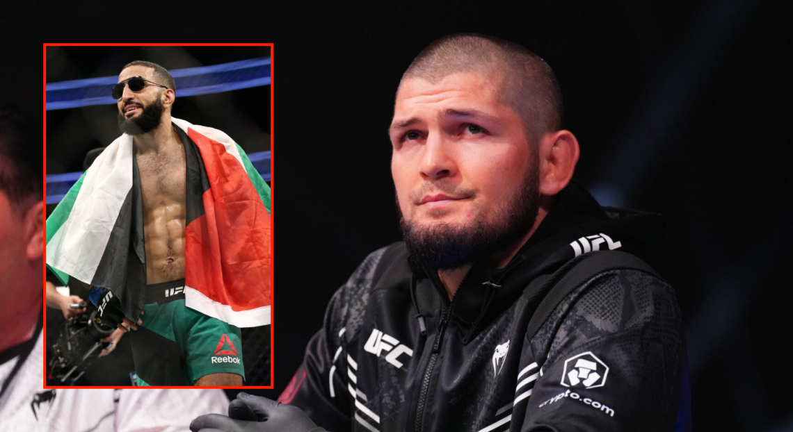 Side by side of Khabib coaching at UFC Abu Dhabi and Belal Muhammad at UFC 213