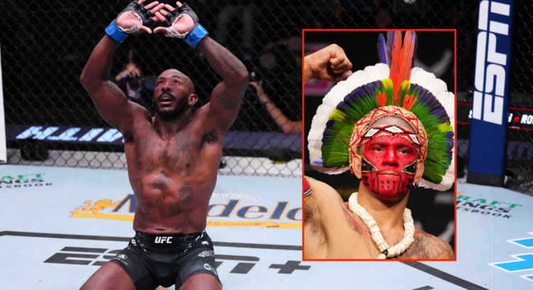 Khalil Rountree Jr celebrates his win over Anthony Smith with a pop out image of Alex Pereira
