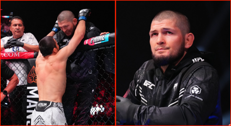 Split image of Khabib and Umar Nurmagomedov at UFC Abu Dhabi