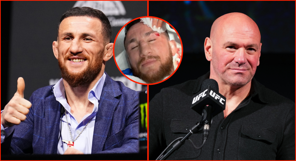 Merab Dvalishvili and Dana White with a pop out image of Dvalisvhili's cut