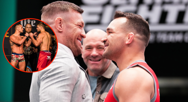 Conor McGregor and Michael Chandler facing off, with a bubble showing Michael Chandler face off with Brent Primus