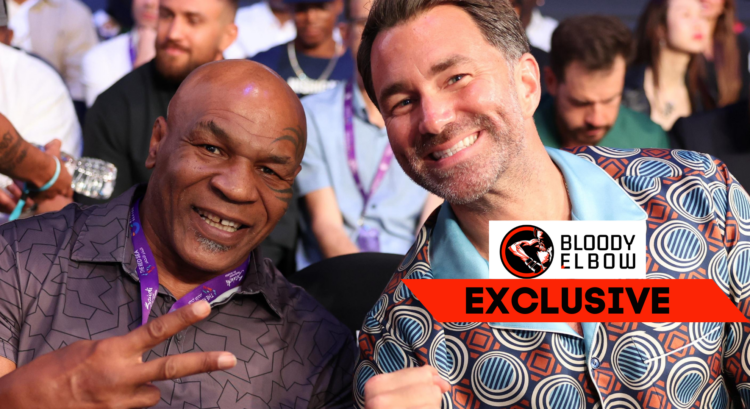 Mike Tyson and Eddie Hearn with overlay text that reads "BLOODY ELBOW EXCLUSIVE"