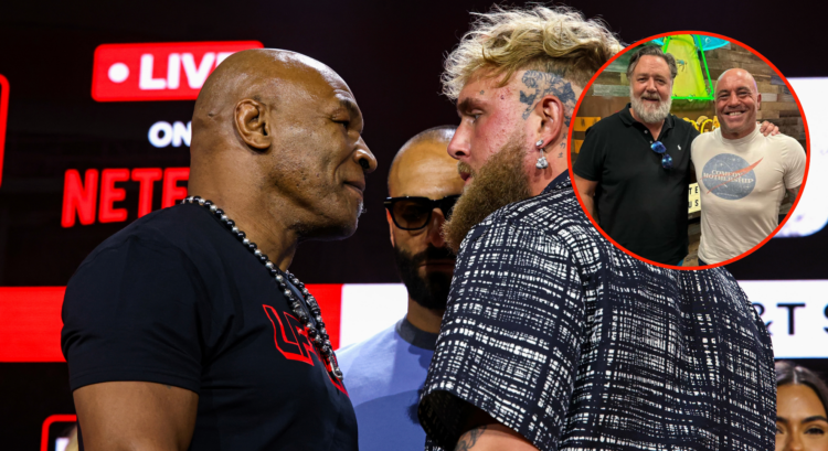 Main image shows Mike Tyson and Jake Paul facing off. Bubble shows Russell Crowe and Joe Rogan