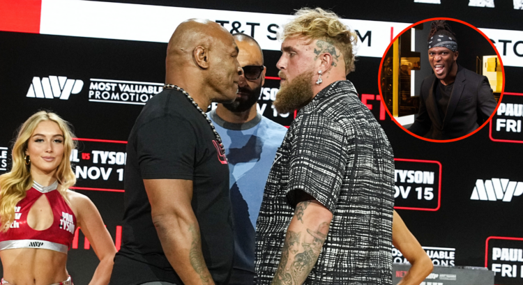 Main photo shows Mike Tyson and Jake Paul facing off. Bubble shows KSI