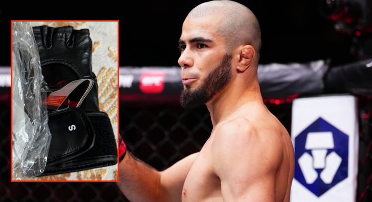 Muhammad Mokaev before his UFC 304 fight against Manel Kape with a pop out image of his new gloves