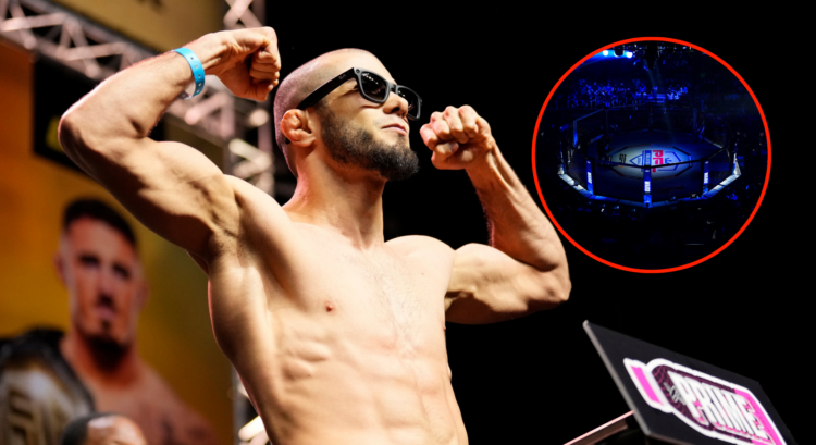 Muhammad Mokaev at the UFC 304 ceremonial weigh-ins with a pop out image of a PFL cage