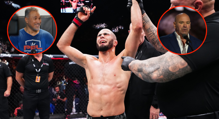 Main photo shows Muhammad Mokaev celebrating his win at UFC. Left bubble shows PFL's Ray Sefo, right bubble shows UFC boss Dana White
