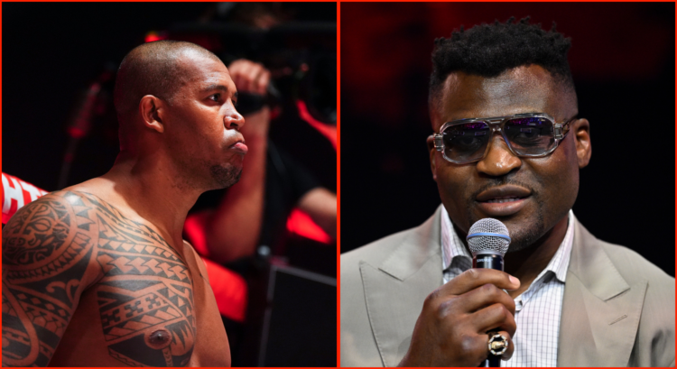 Francis Ngannou speaking at a press conference (right) and Renan Ferreira moments before PFL fight (left)