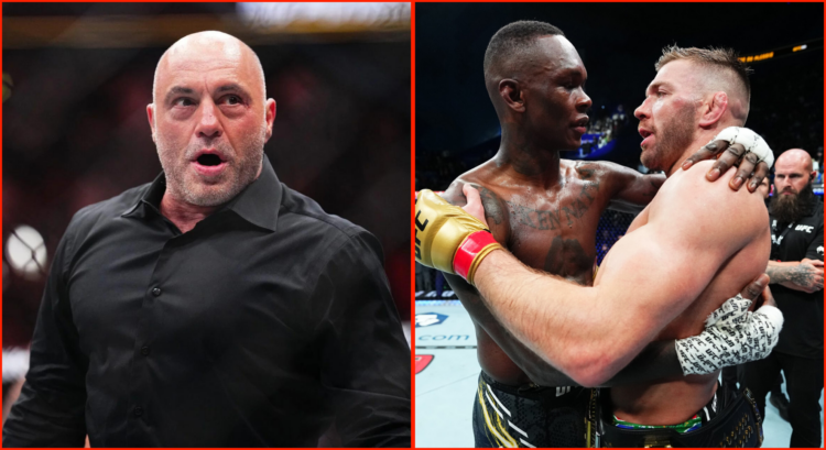 Side by side of Joe Rogan at UFC 300 and Israel Adesanya/Dricus Du Plessis at UFC 305