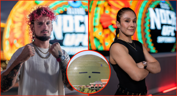 Sean O'Malley and Alexa Grasso posing outside of the Sphere for UFC 306