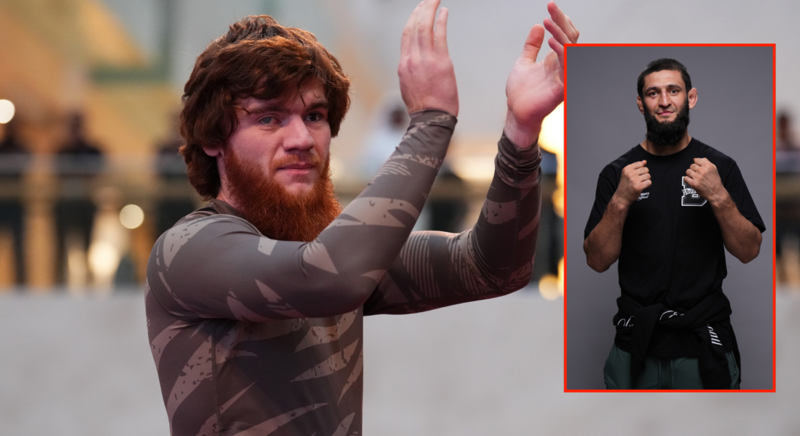 Shara Magomedov during the UFC Abu Dhabi open workouts with a pop out image of Khamzat Chimaev