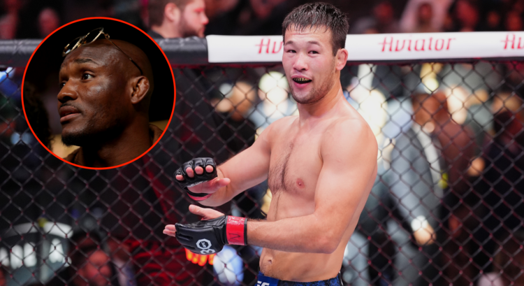 Shavkat Rakhmonov following his UFC 296 win with a pop out image of Kamaru Usman
