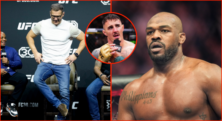 Stipe Miocic (left), Tom Aspinall (middle) and Jon Jones (right)