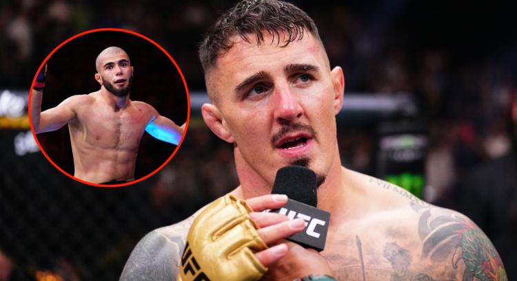 Tom Aspinall speaks after his UFC 304 win over Curtis Blaydes with a pop out image of Muhammad Mokaev