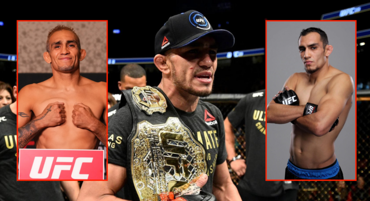 Split image of Tony Ferguson in 2011 on TUF, 2017 with the title, and 2024 on the scales
