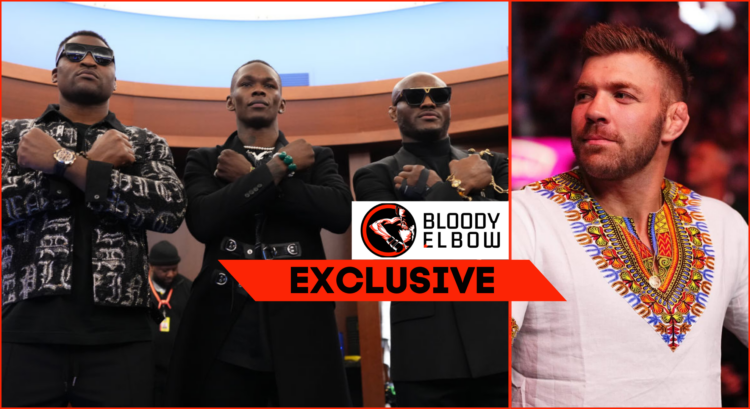 Side by side of Adesanya, Ngannou and Usman at UFC 281, and Dricus Du Plessis at UFC 300