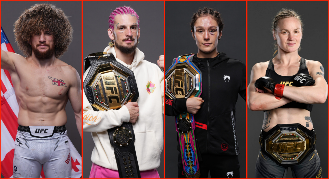 Split image of Merab Dvalishvili at UFC 298, Sean O’Malley at UFC 292, Alexa Grasso at UFC Noche, and Valentina Shevchenko at UFC 261