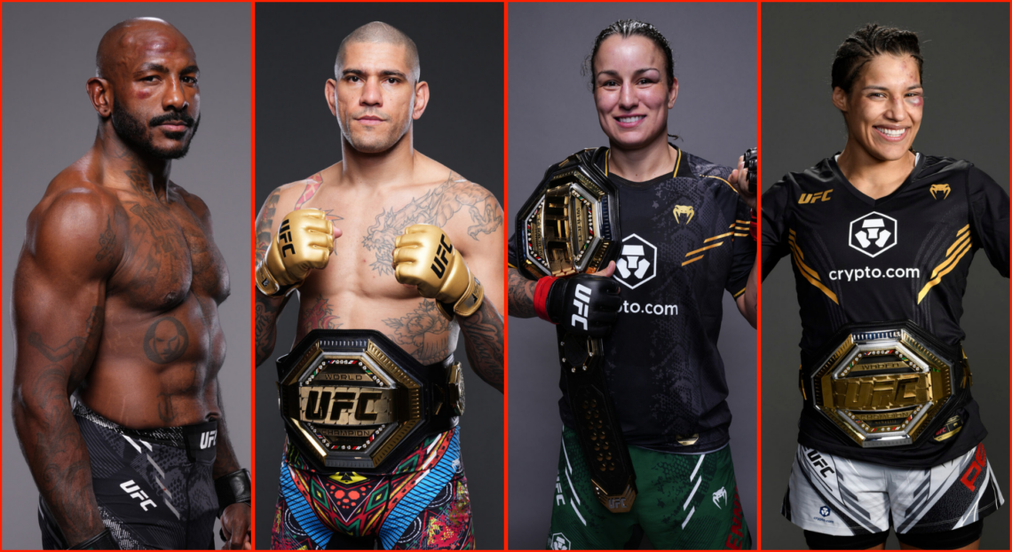 Side by side of Khalil Rountree at UFC Fight Night, Alex Pereira at UFC 303, Raquel Pennington at UFC 297 and Julianna Pena at UFC 269