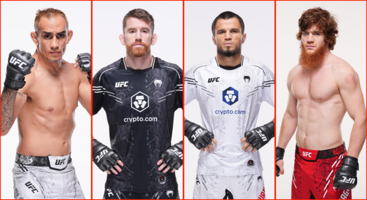Side by side of Tony Ferguson, Cory Sandhagen. Umar Nurmagomedov, and Shara Magomedov at UFC Abu Dhabi
