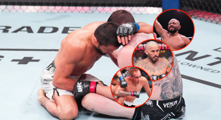 Umar Nurmagomedov consoles Cory Sandhagen following UFC Abu Dhabi main event with pop out images of Deiveson Figueiredo, Marlon Vera and Tony Ferguson