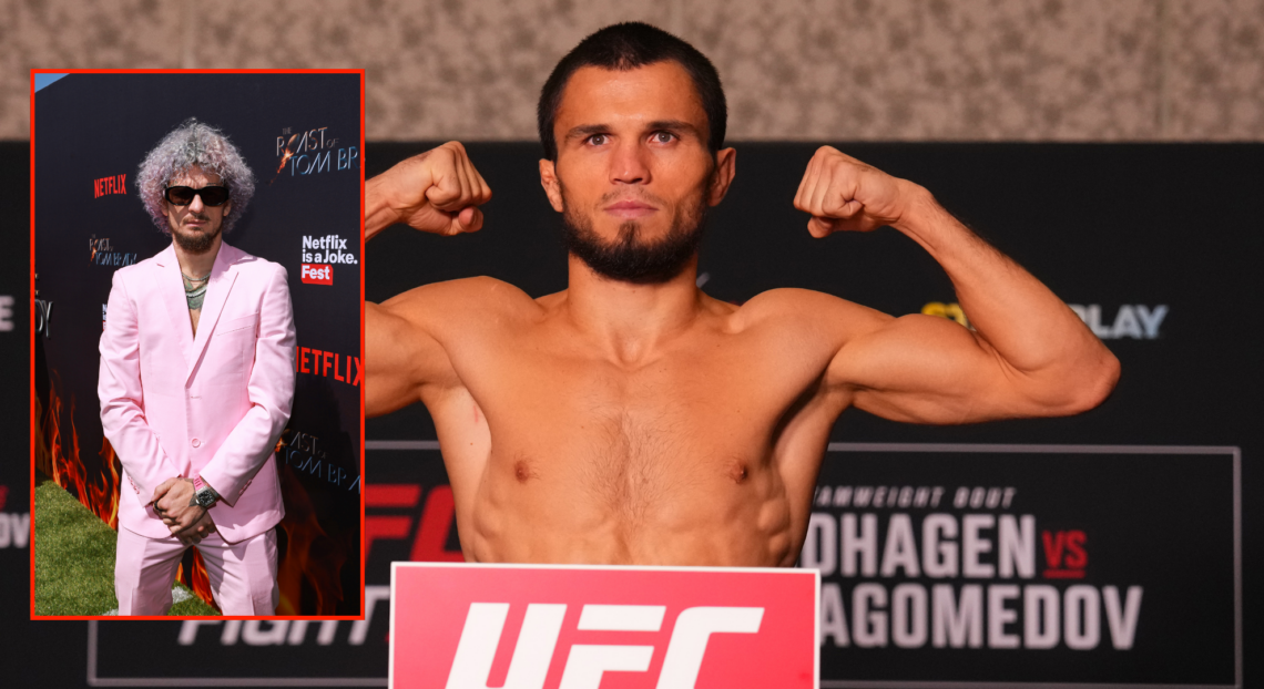 Umar Nurmagomedov weighing in ahead of his fight against Cory Sandhagen at the UFC Abu Dhabi, with a pop out image of Sean O'Malley