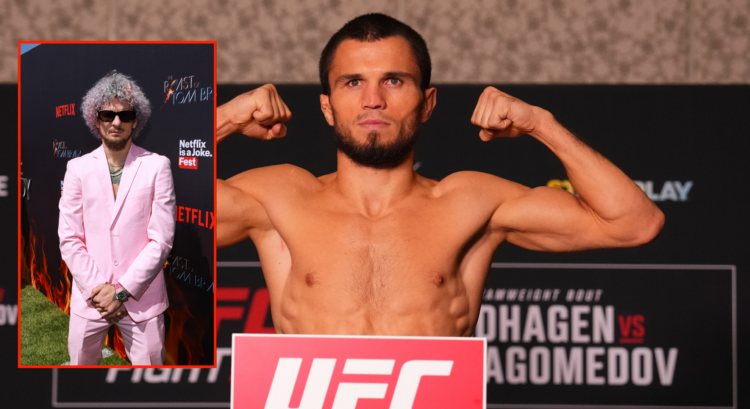 Umar Nurmagomedov weighing in ahead of his fight against Cory Sandhagen at the UFC Abu Dhabi, with a pop out image of Sean O'Malley