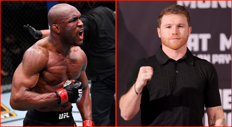 Side by side of Kamaru Usman at UFC 258 and Canelo Alvarez before his fight with Jaime Munguia