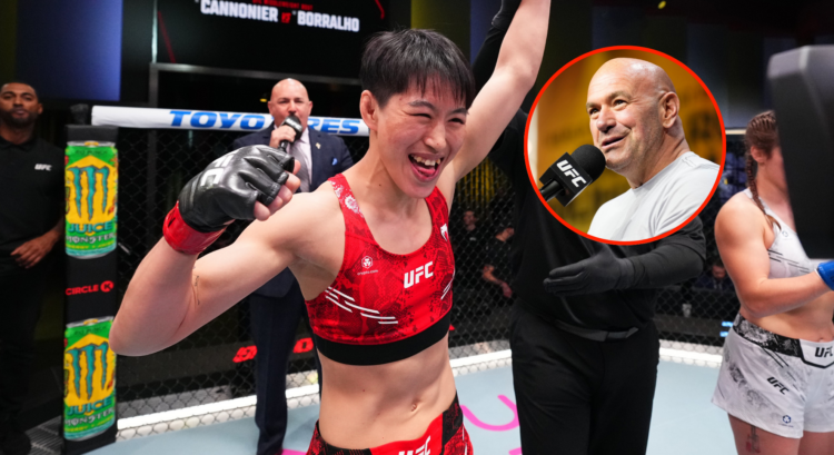 Main photo shows Cong Wang after winning her UFC debut, bubble shows Dana White