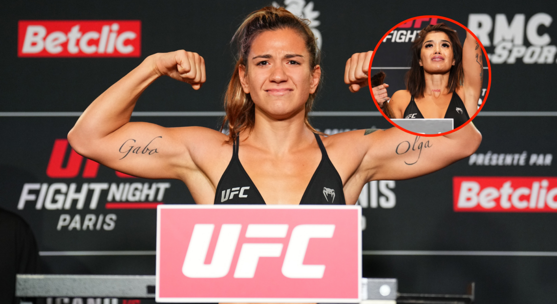 Main photo shows Ailin Perez after missing weight for UFC Paris. Bubble shows Tracy Cortez holding her hair and trying not to cry during a weigh-in