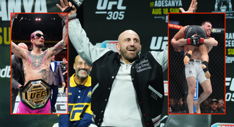 Alexander Volkanovski at the UFC 305 ceremonial weigh-ins with a pop out image of Sean O'Malley (left) and Merab Dvalishvili (right)