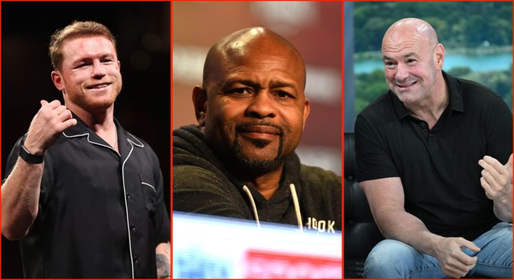 Side by side of Dana White on Good Morning New York, Canelo Alvarez at the T-Mobile and Roy Jones Jr speaking to media in Manchester.