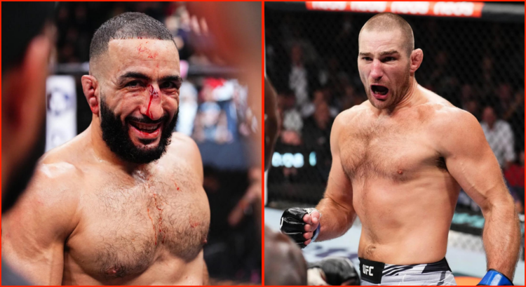 Side by side of Belal Muhammad at UFC 304 and Sean Strickland at UFC 293