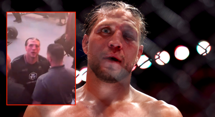 Brian Ortega moments after his UFC 306 loss to Diego Lopes (right) with a pop out image of him confronting a fan (left)