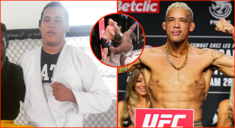 Left photo shows Bryan Battle in 2016, reportedly weighing around 300lb. Right photo shows Bryan Battle weighing in for UFC Paris in 2024 at 170lb....