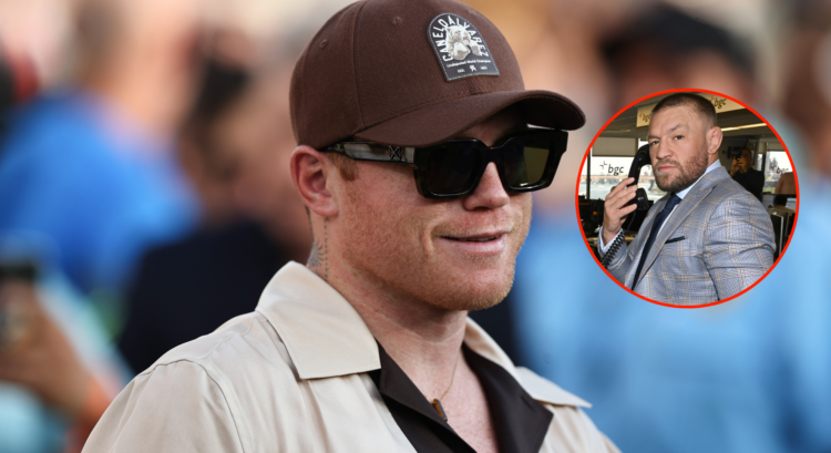 Canelo Alvarez (left) during an international friendly match between Mexico and New Zealand with a pop out image of Conor McGregor (right)