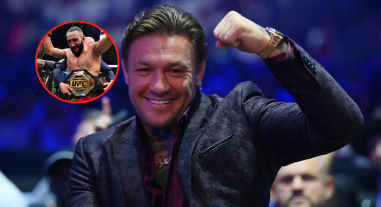 Main photo shows Conor McGregor, bubble shows Belal Muhammad after winning the UFC welterweight title