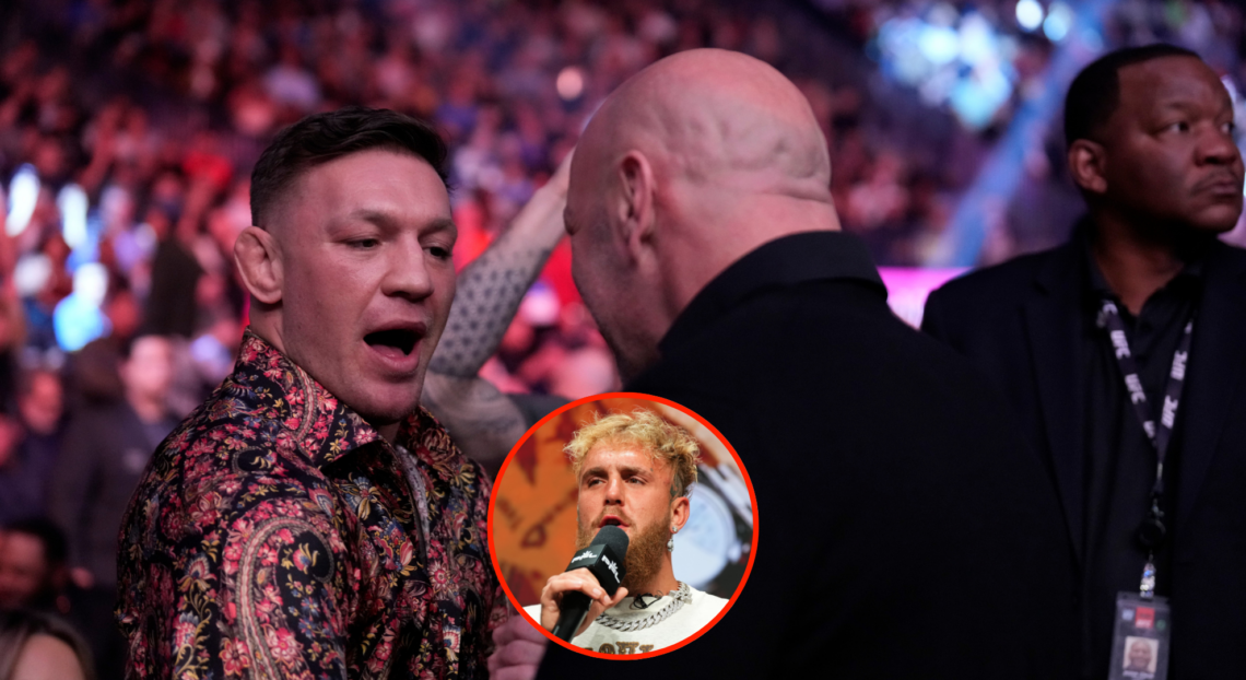 Conor McGregor and Dana White embrace at UFC 285 with a pop out image of Jake Paul