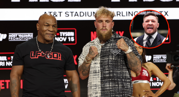 Main photo shows Mike Tyson and Jake Paul posing for a photo. Bubble shows an enraged Conor McGregor
