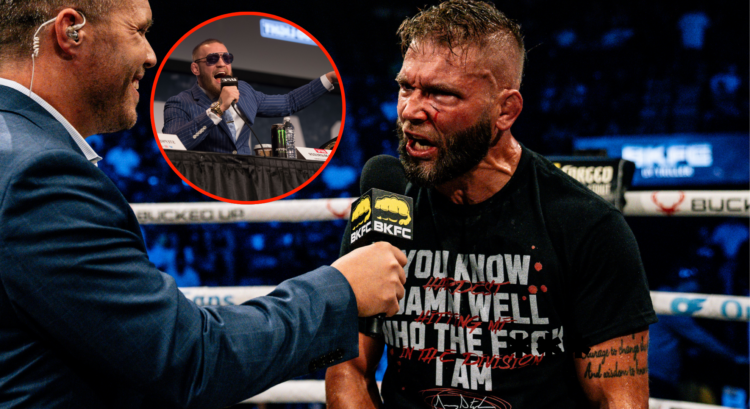 Main photo shows Jeremy Stephens wearing a t-shirt that reads 'You knows damn well who the f*** I am'. Bubble shows Conor McGregor at the UFC 205 p...