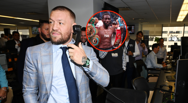 Main photo shows Conor McGregor on the phone. Bubble shows Terence Crawford with his belts
