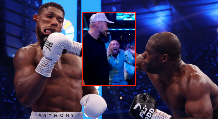 Main photo shows Daniel Dubois punching Anthony Joshua. Block shows Tyson Fury and Conor McGregor reacting to the punch