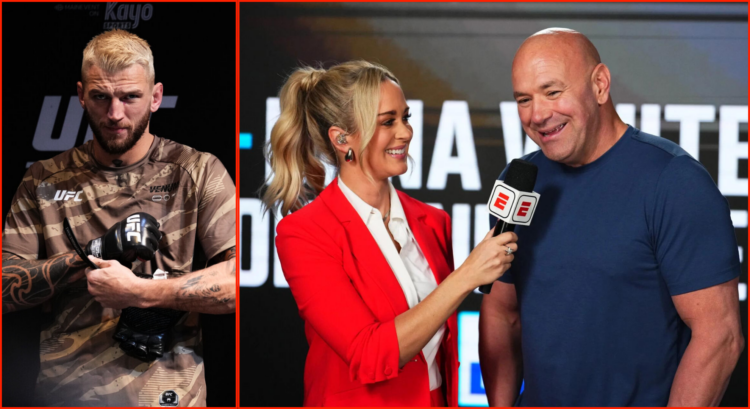 Side by side of Dan Hooker at UFC 305 and Dana White with Laura Sanko on DWCS