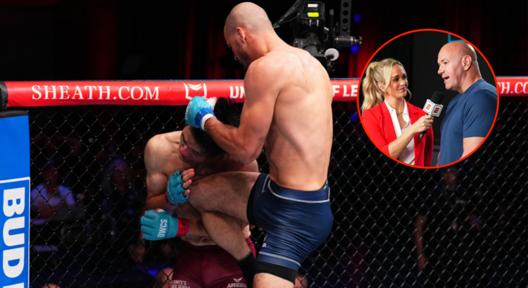 Side by side of Yousri Belgaroui on DWCS ad Dana White talking to Laura Sanko