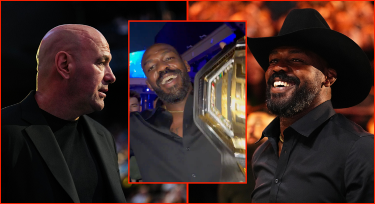 Composite image showing Dana White (left) and Jon Jones (right) at UFC 306. Block image in the middle shows Jones on a night out