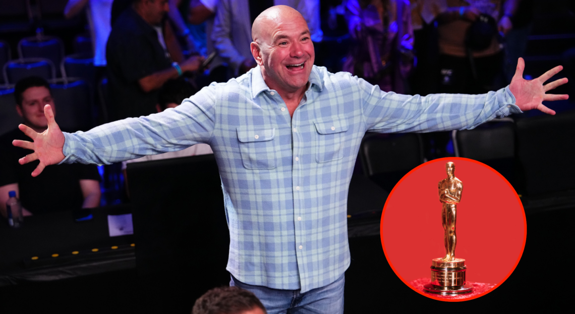 Dana White reacts to a knockout during a Dana White's Contender Series episode with a pop out image of an Oscar award