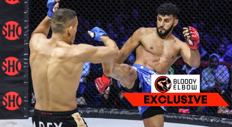 Douglas Lima throwing a kick at Costello van Steenis during Bellator 296. Overlay text reads 'BLOODY ELBOW EXCLUSIVE'