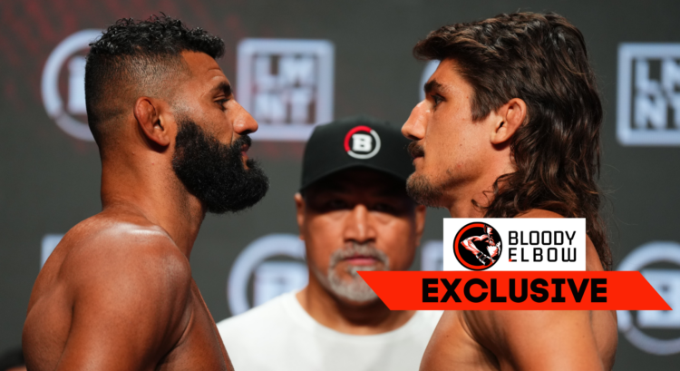 Douglas Lima facing off with Aaron Jeffery. Overlay text reads BLOODY ELBOW EXCLUSIVE
