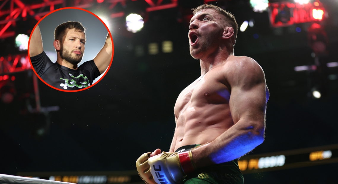 Dricus Du Plessis following his UFC 305 win against Israel Adesanya with a pop out image (left) of Reinier de Ridder